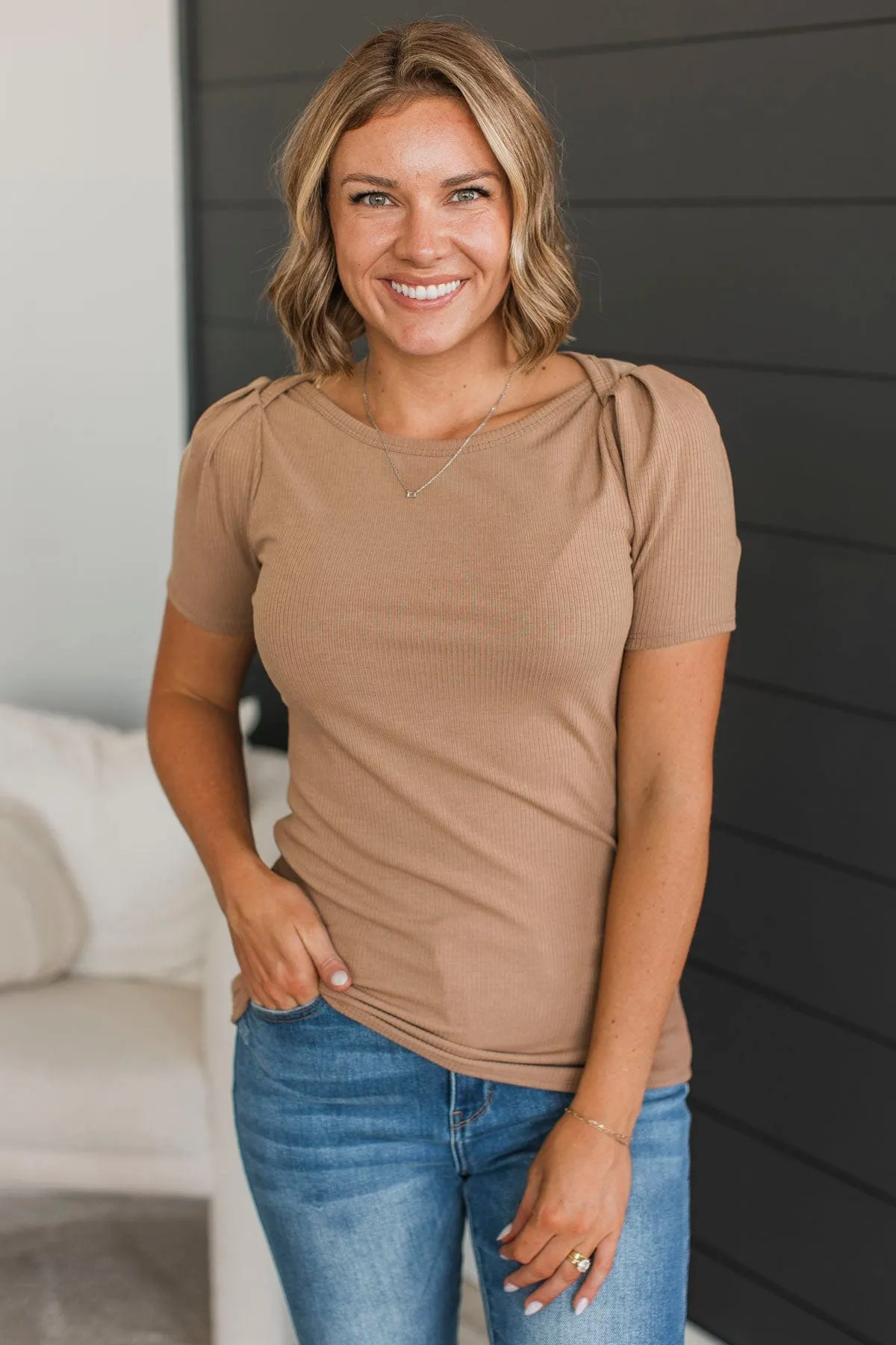Doing The Most Ribbed Short Sleeve Top- Acorn