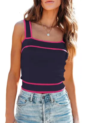 Dokotoo Womens Summer Tank Tops Casual 2024 Summer Slim Fitted Sleeveless Shirts Basic Square Neck Color Block Cropped Cami Tops