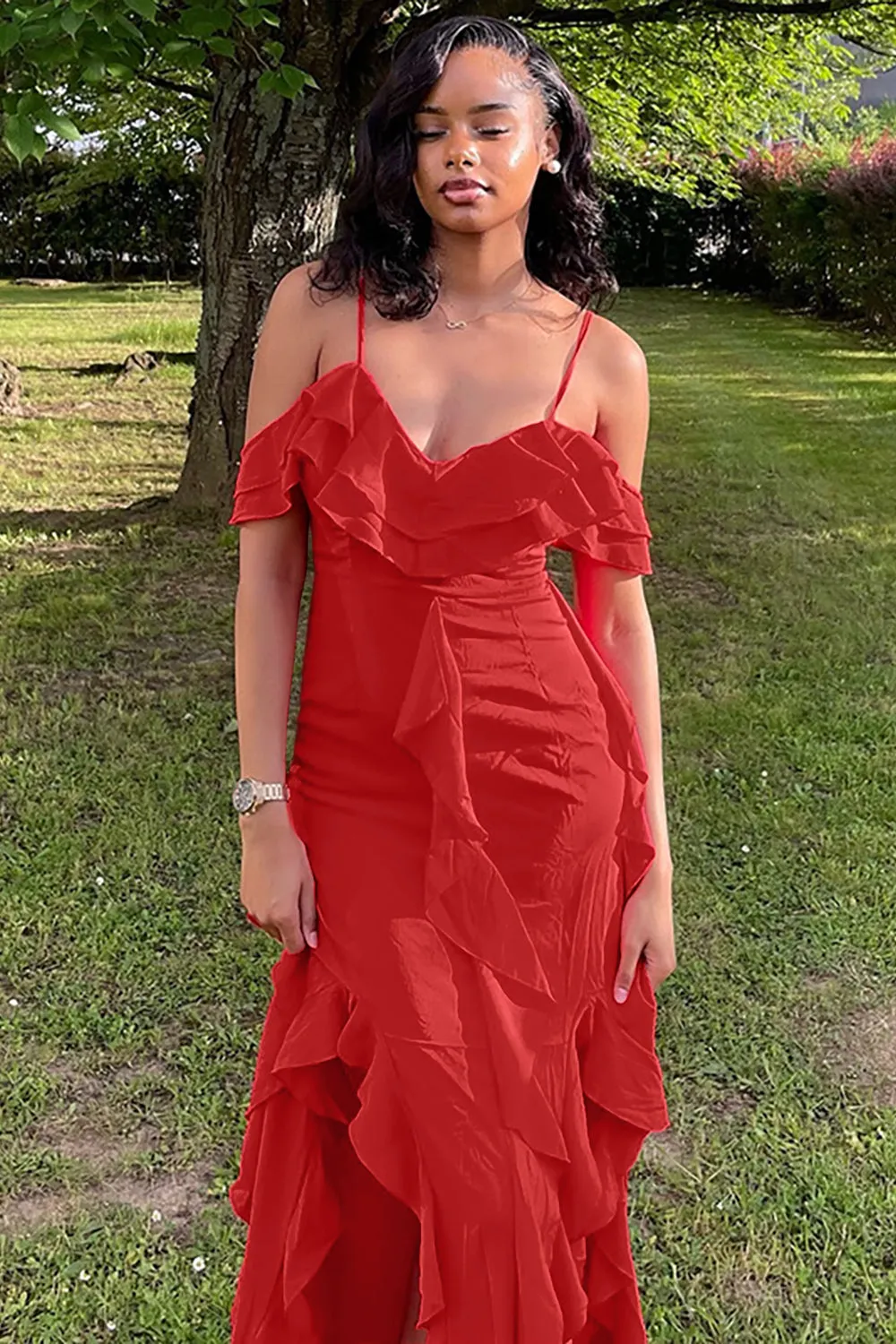 Drop Shoulder Ruffled Slim Fit Slit Cami Maxi Dresses-Red
