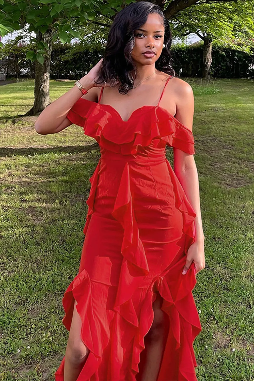 Drop Shoulder Ruffled Slim Fit Slit Cami Maxi Dresses-Red