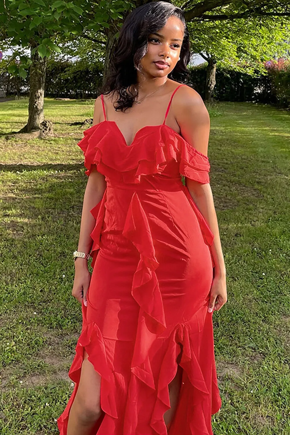 Drop Shoulder Ruffled Slim Fit Slit Cami Maxi Dresses-Red