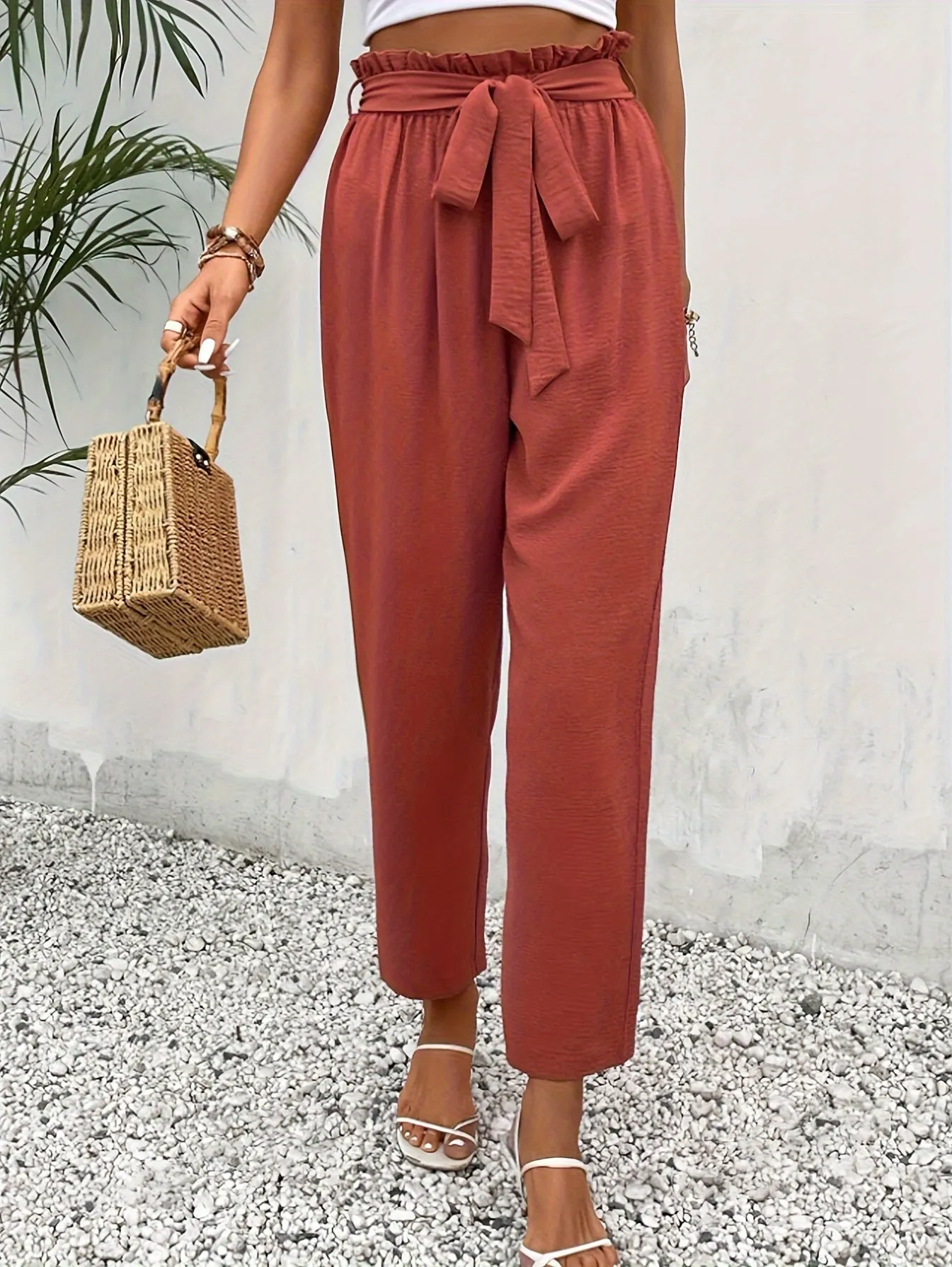 Elegant Belted Tapered Pants For Spring & Fall