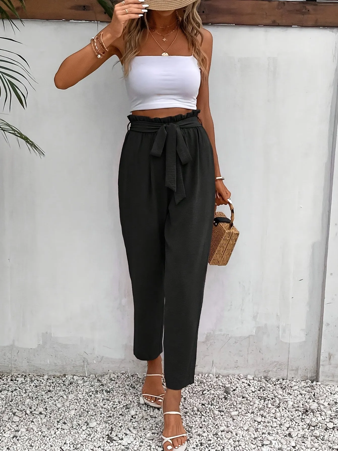 Elegant Belted Tapered Pants For Spring & Fall