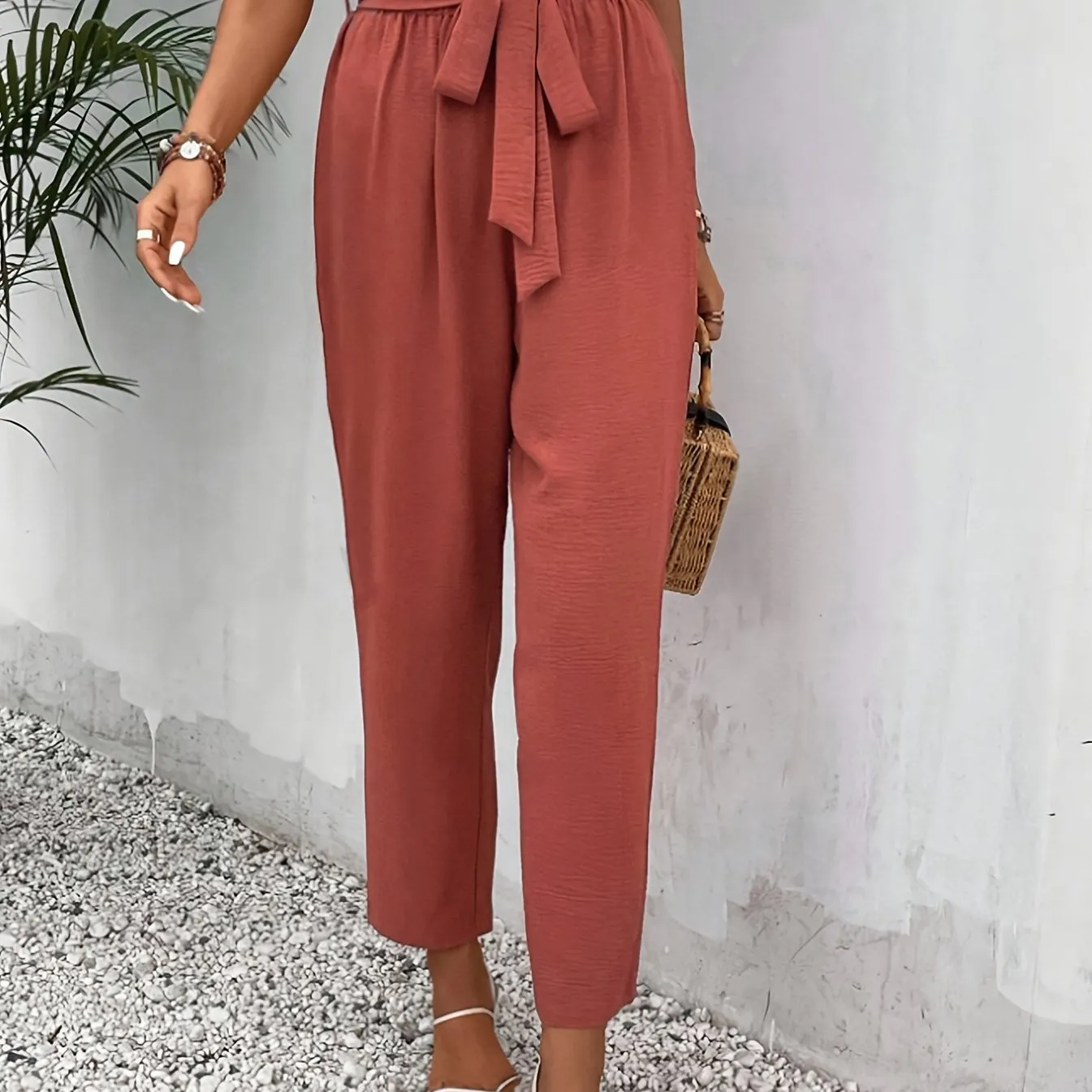 Elegant Belted Tapered Pants For Spring & Fall