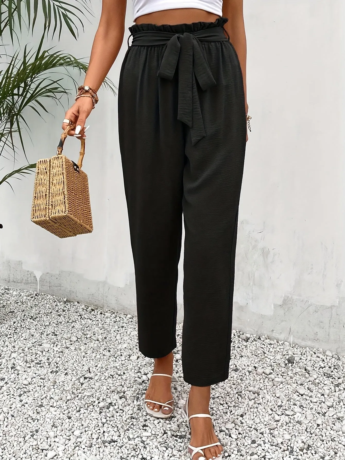 Elegant Belted Tapered Pants For Spring & Fall