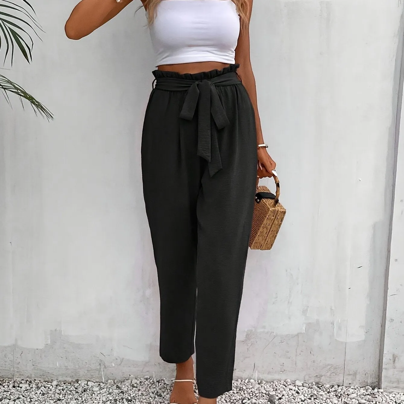 Elegant Belted Tapered Pants For Spring & Fall