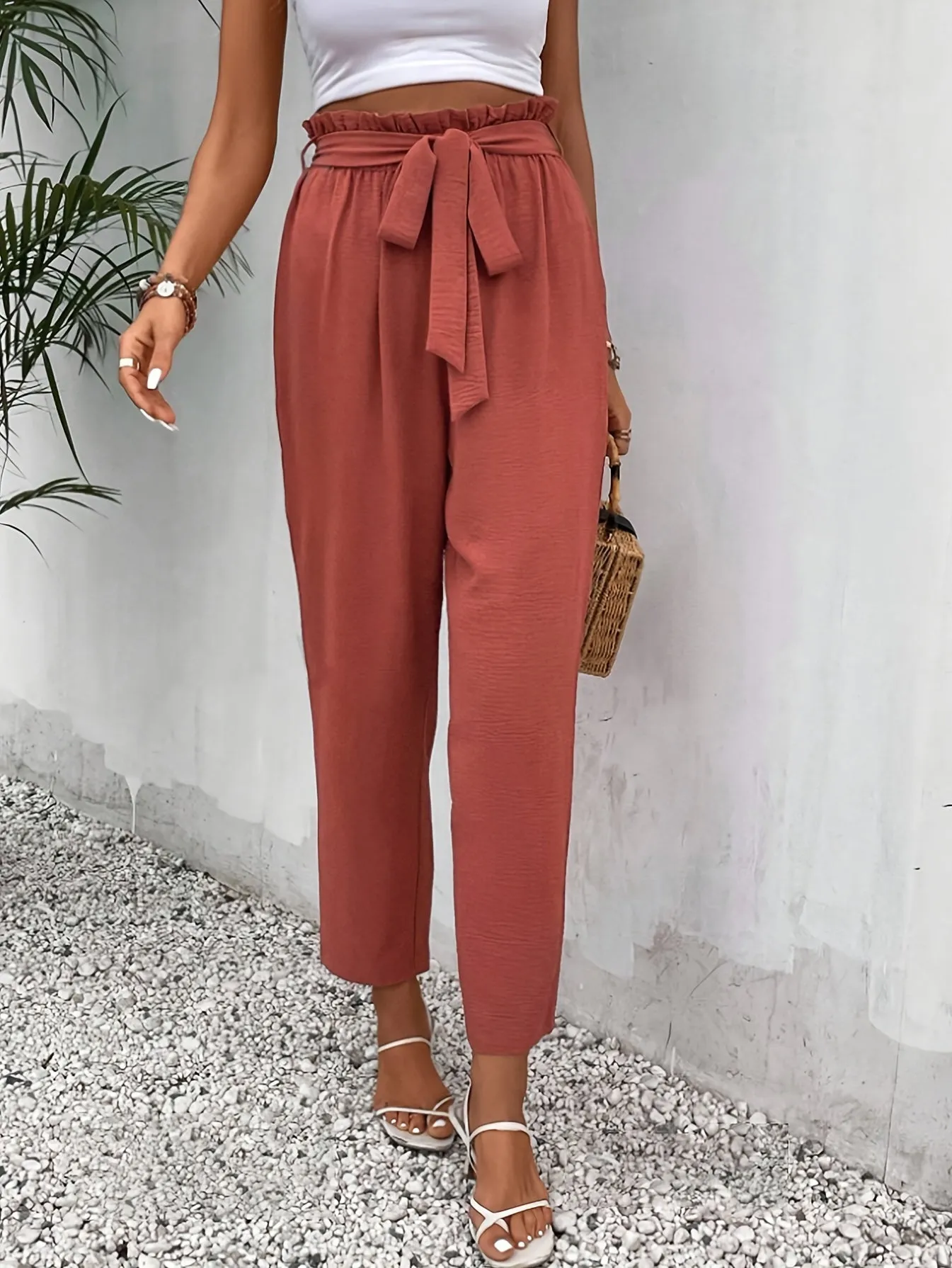 Elegant Belted Tapered Pants For Spring & Fall