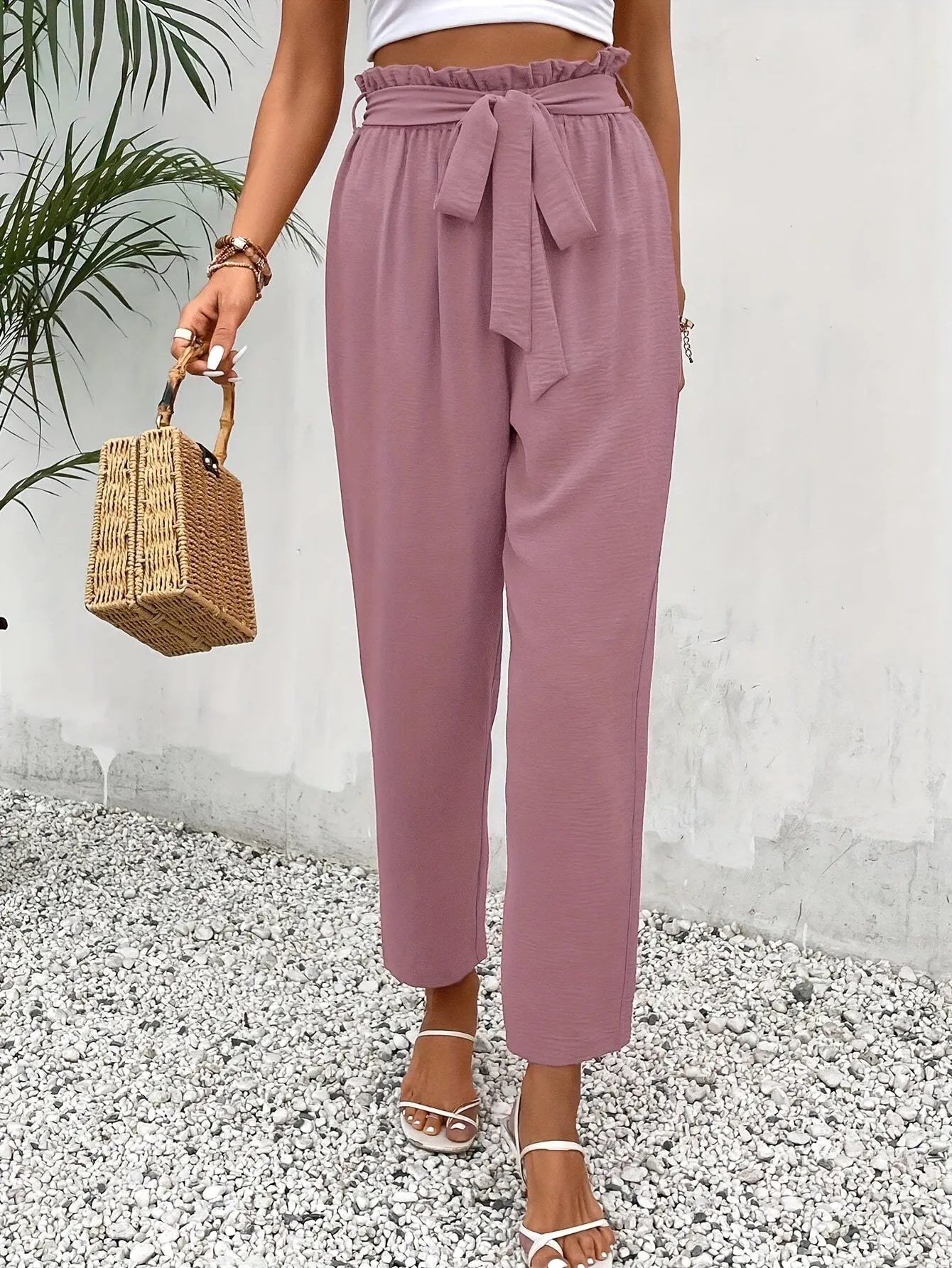 Elegant Belted Tapered Pants For Spring & Fall