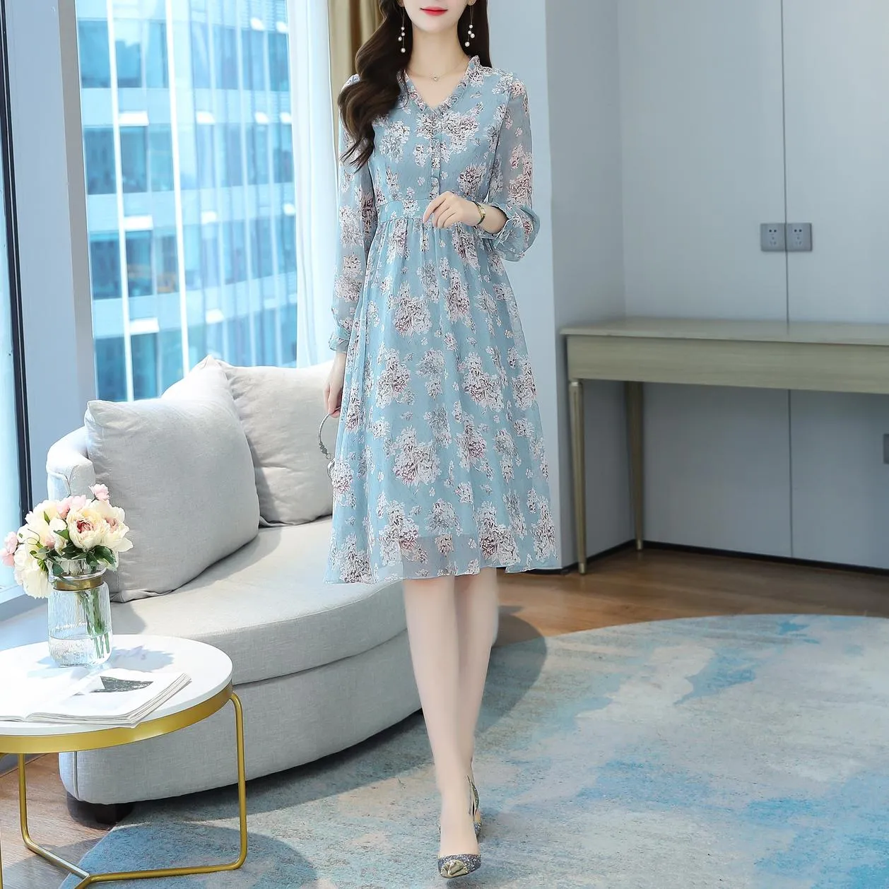 Elegant Chiffon Slip Dress with Full Floral Print for Women