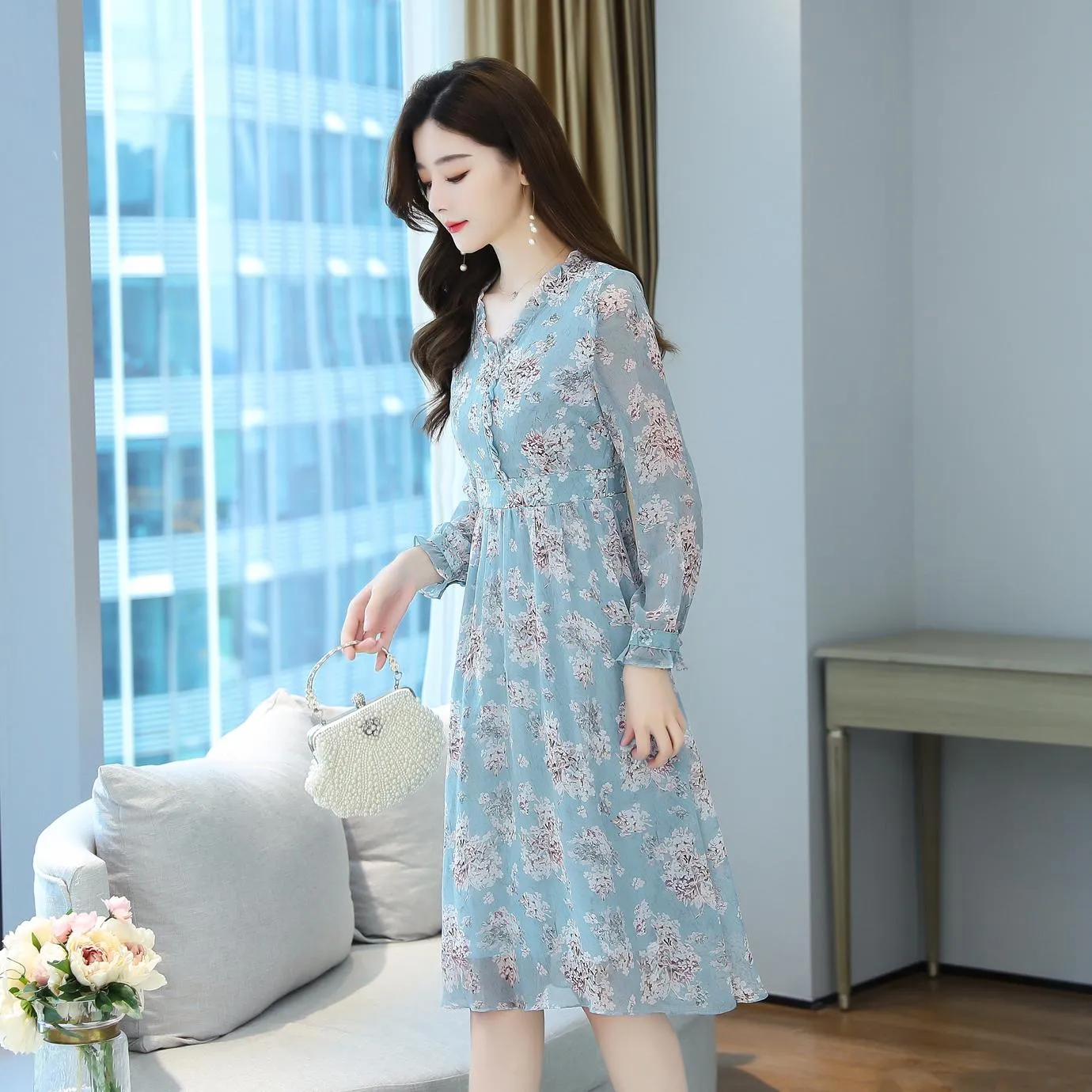 Elegant Chiffon Slip Dress with Full Floral Print for Women