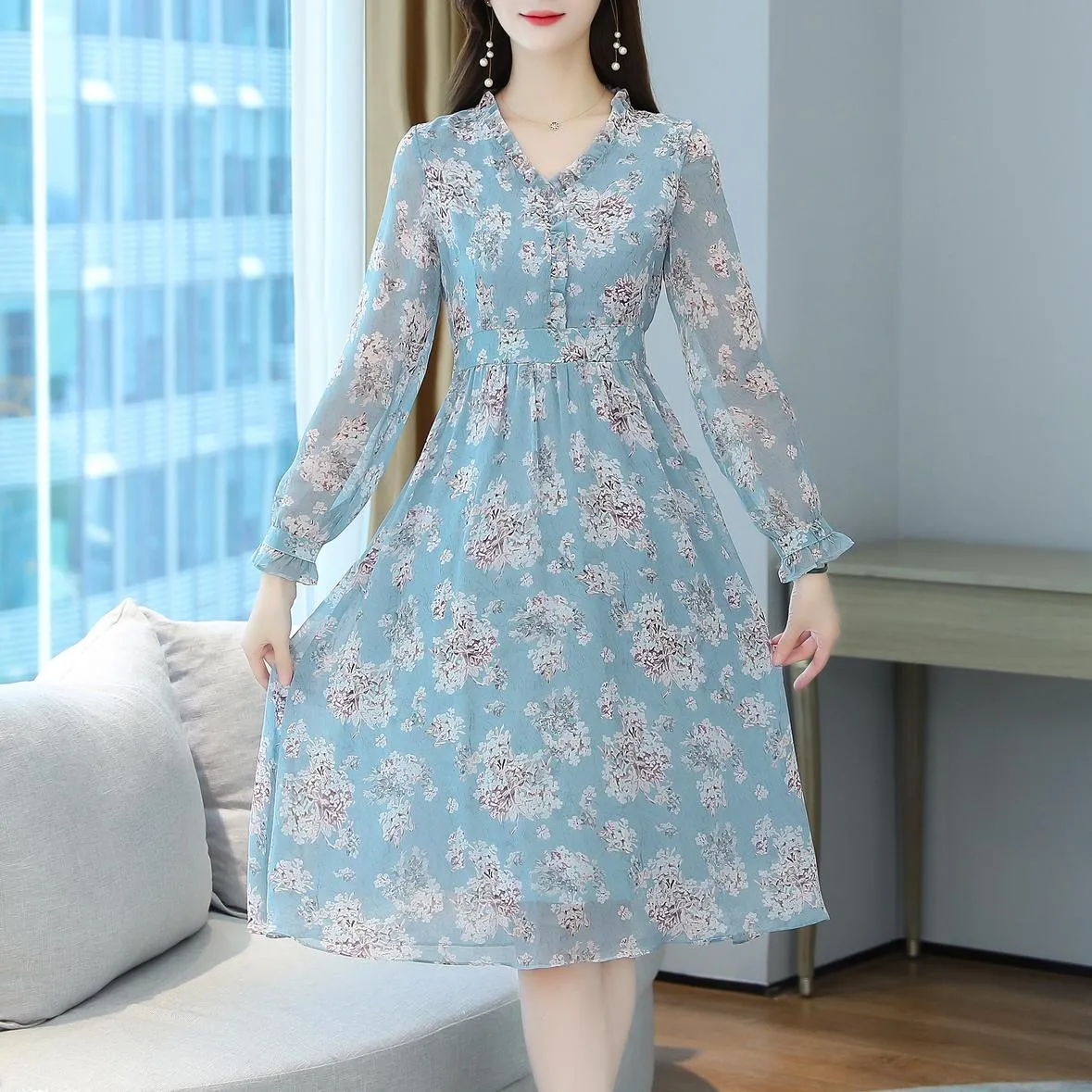 Elegant Chiffon Slip Dress with Full Floral Print for Women