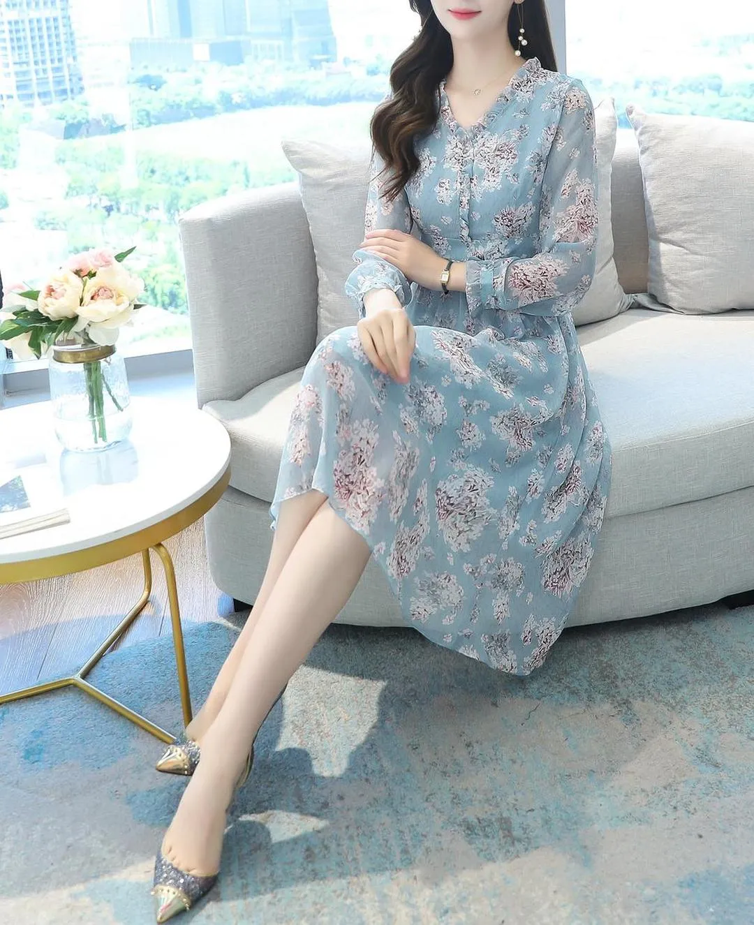 Elegant Chiffon Slip Dress with Full Floral Print for Women