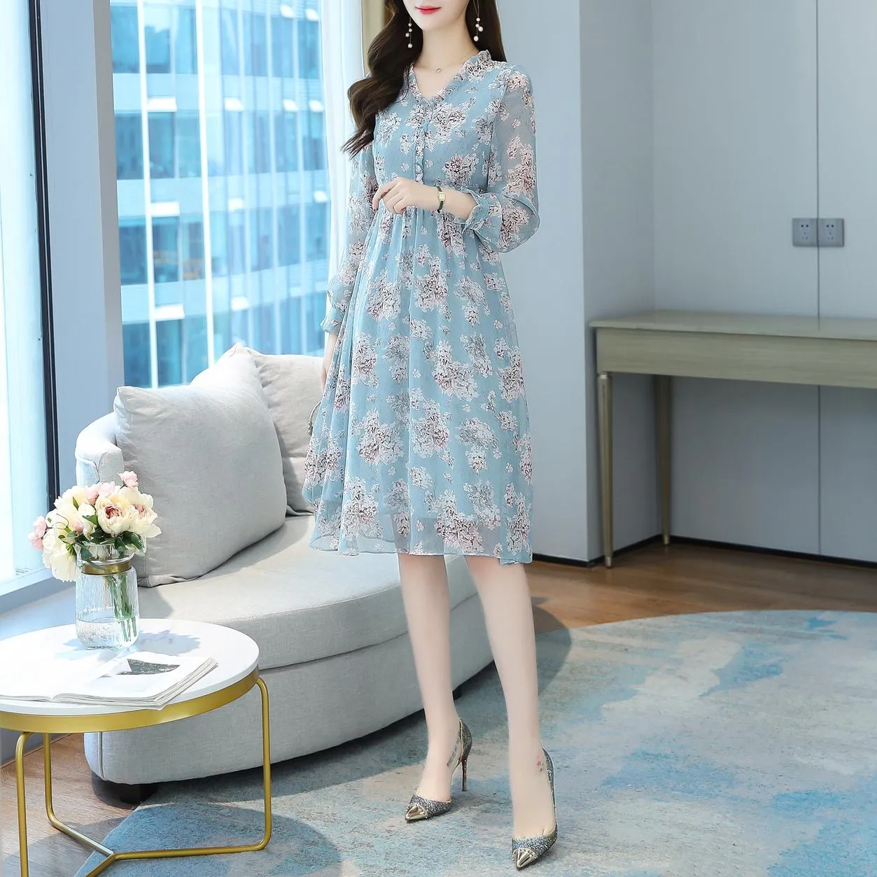 Elegant Chiffon Slip Dress with Full Floral Print for Women