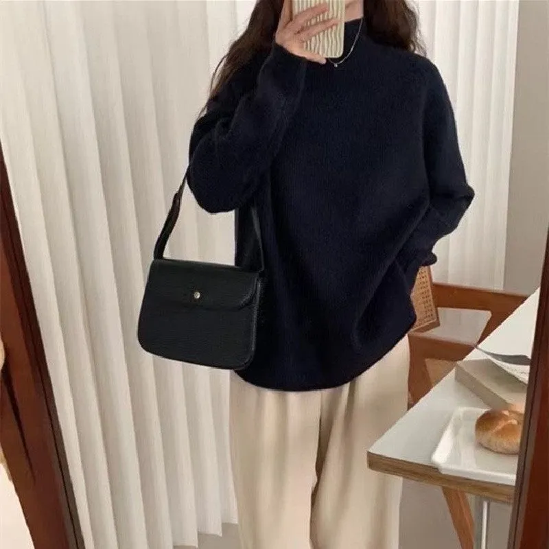Elegant Women's Ribbed Knit Jumper in Solid Color