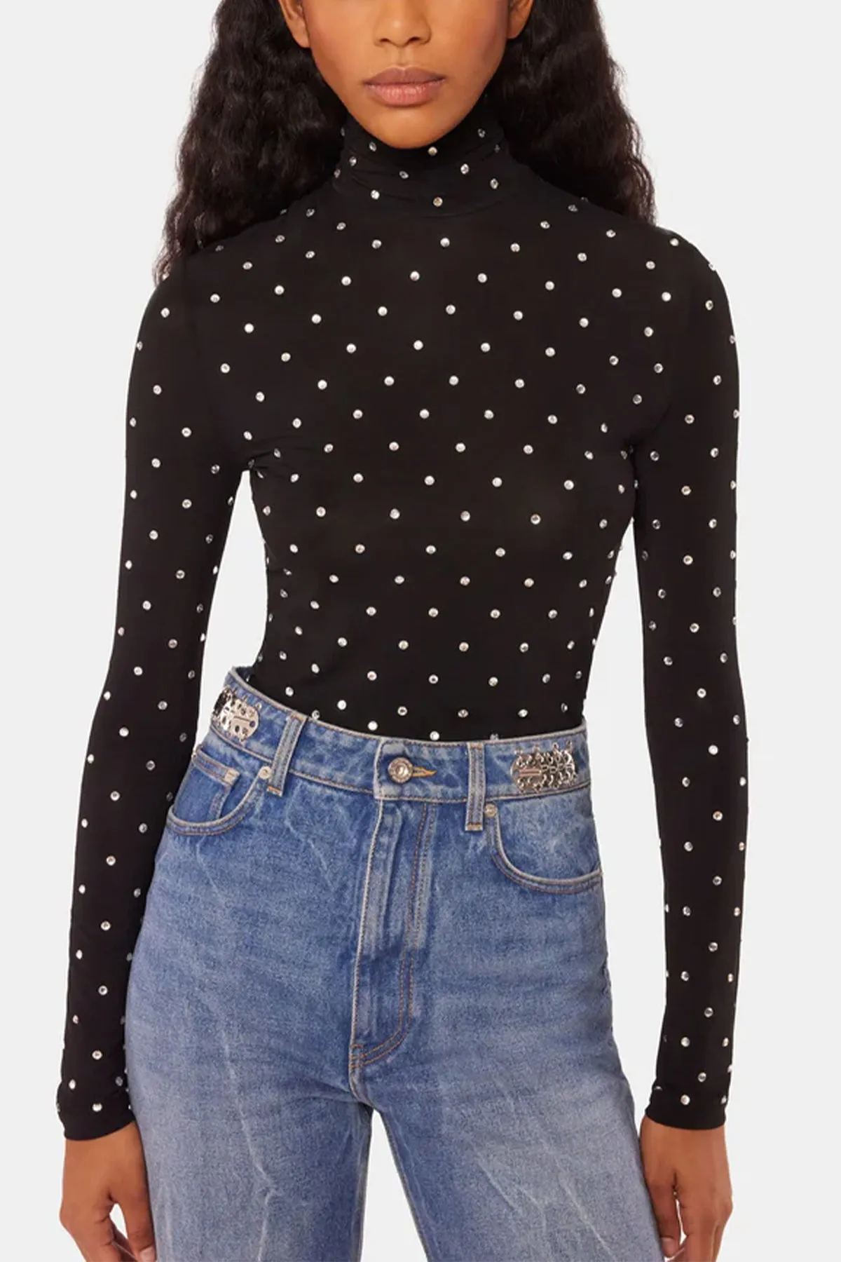 Embellished Jersey Long Sleeve Turtleneck in Black