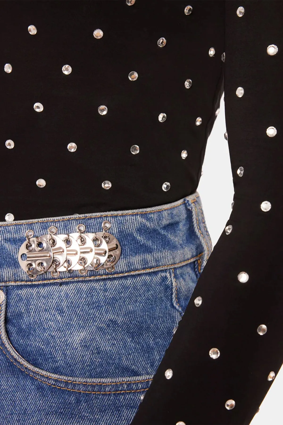 Embellished Jersey Long Sleeve Turtleneck in Black