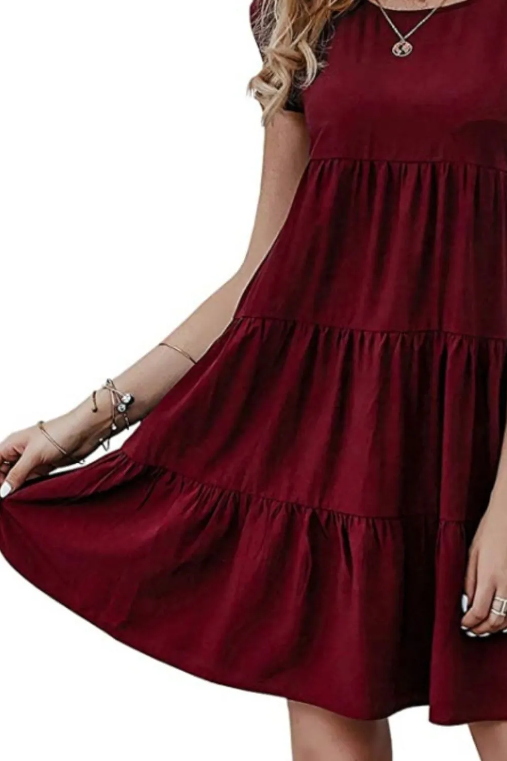 Emilia Ruffled Round Neck Cap Sleeve Mini Dress