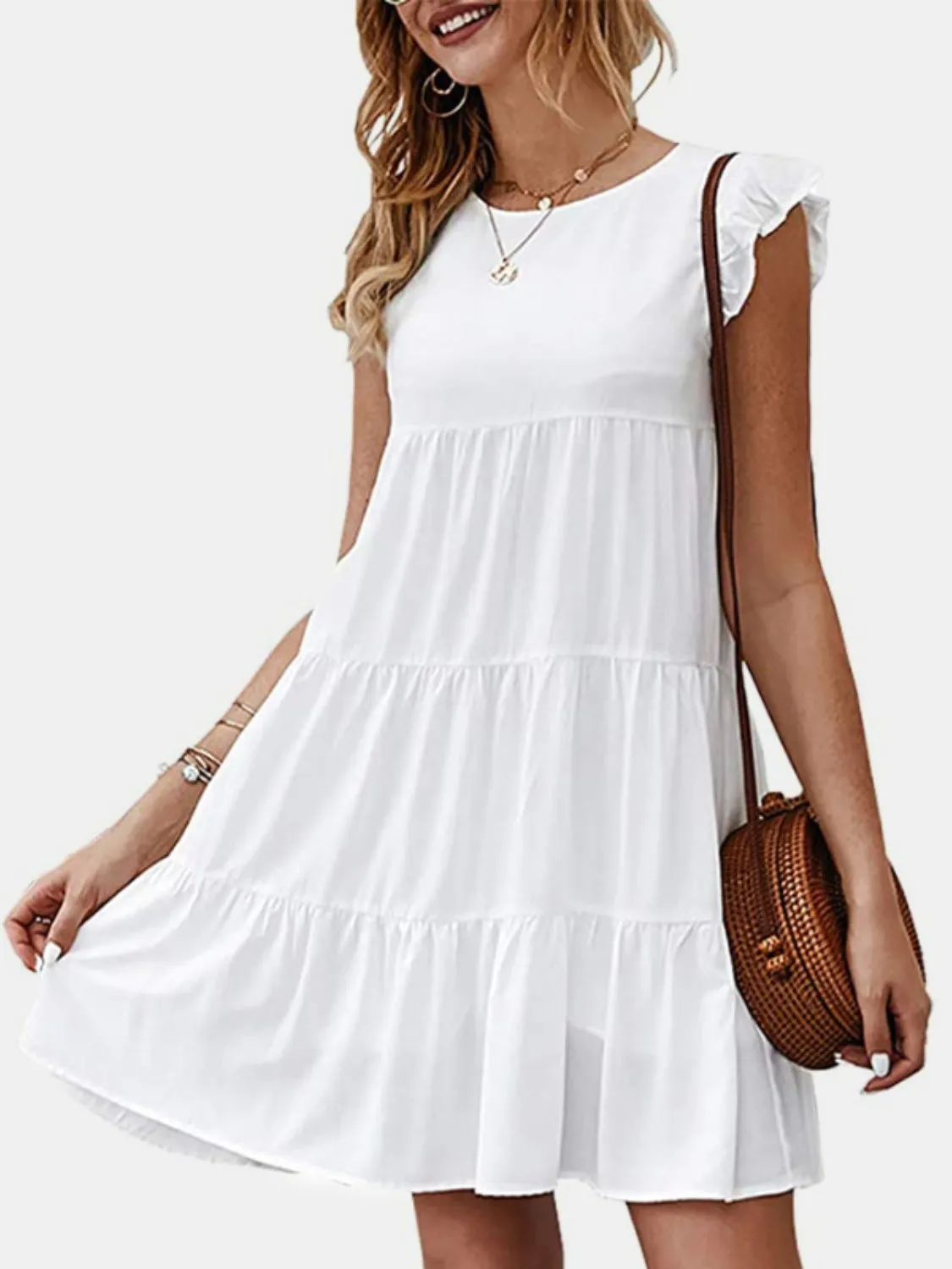 Emilia Ruffled Round Neck Cap Sleeve Mini Dress