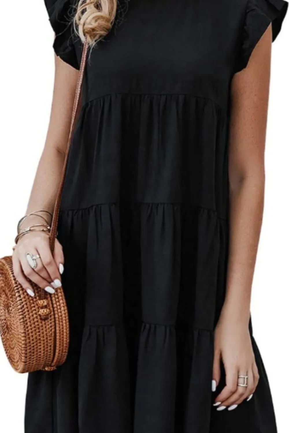 Emilia Ruffled Round Neck Cap Sleeve Mini Dress