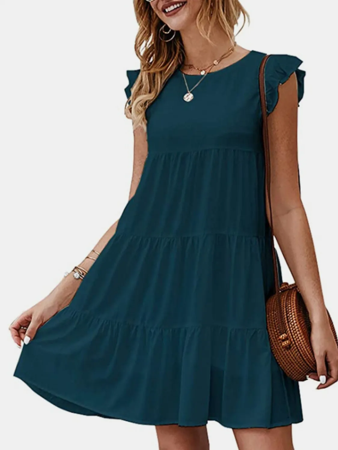 Emilia Ruffled Round Neck Cap Sleeve Mini Dress