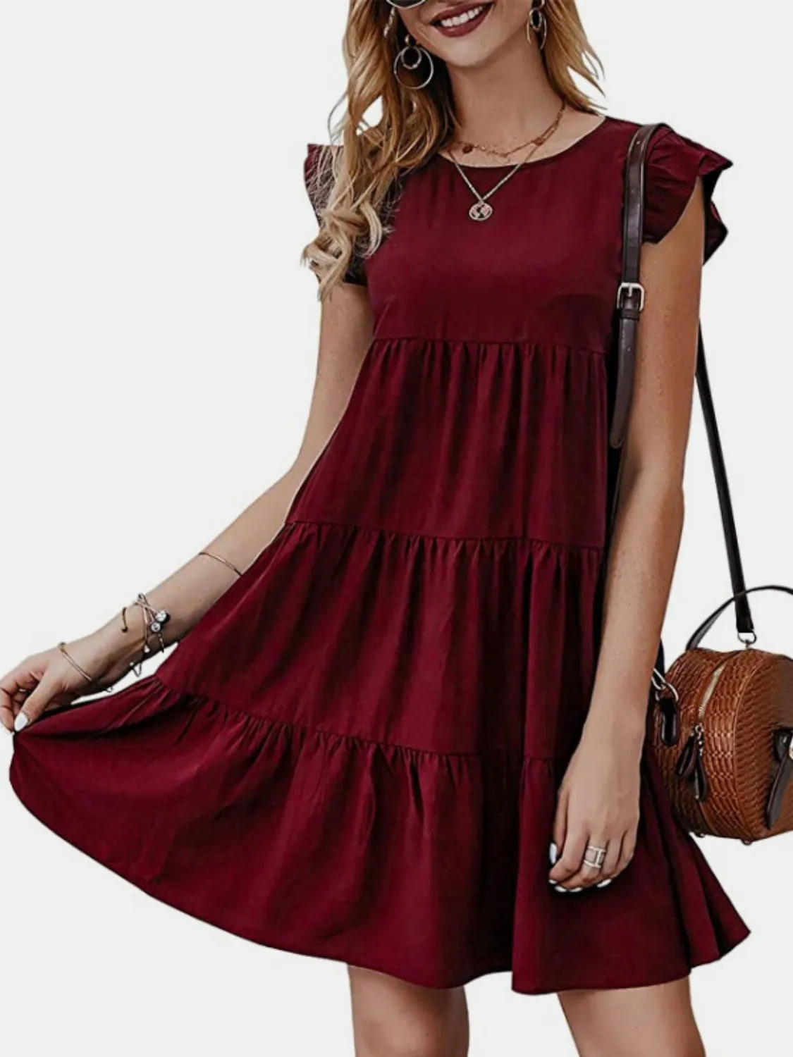 Emilia Ruffled Round Neck Cap Sleeve Mini Dress