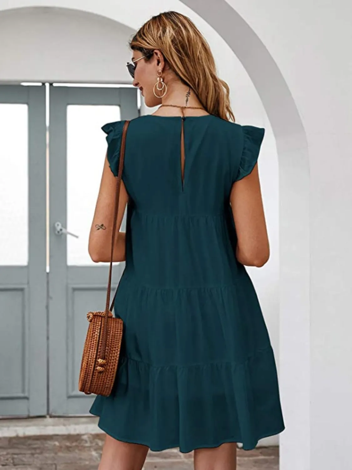 Emilia Ruffled Round Neck Cap Sleeve Mini Dress