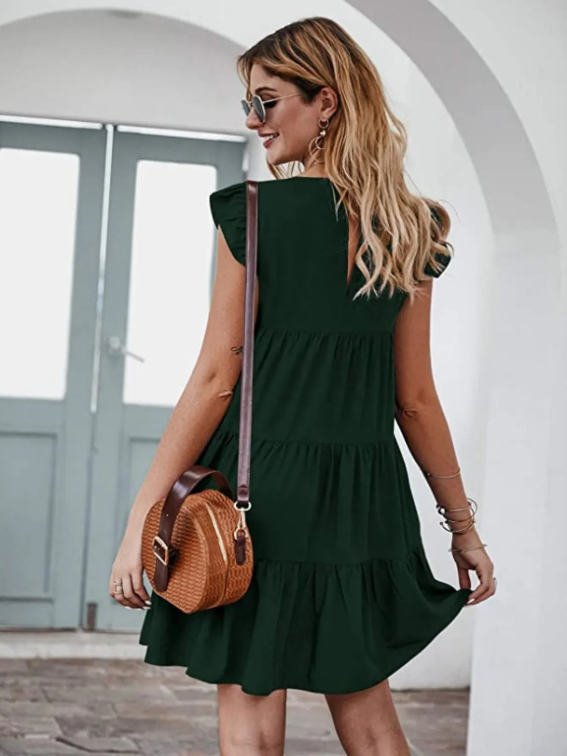 Emilia Ruffled Round Neck Cap Sleeve Mini Dress