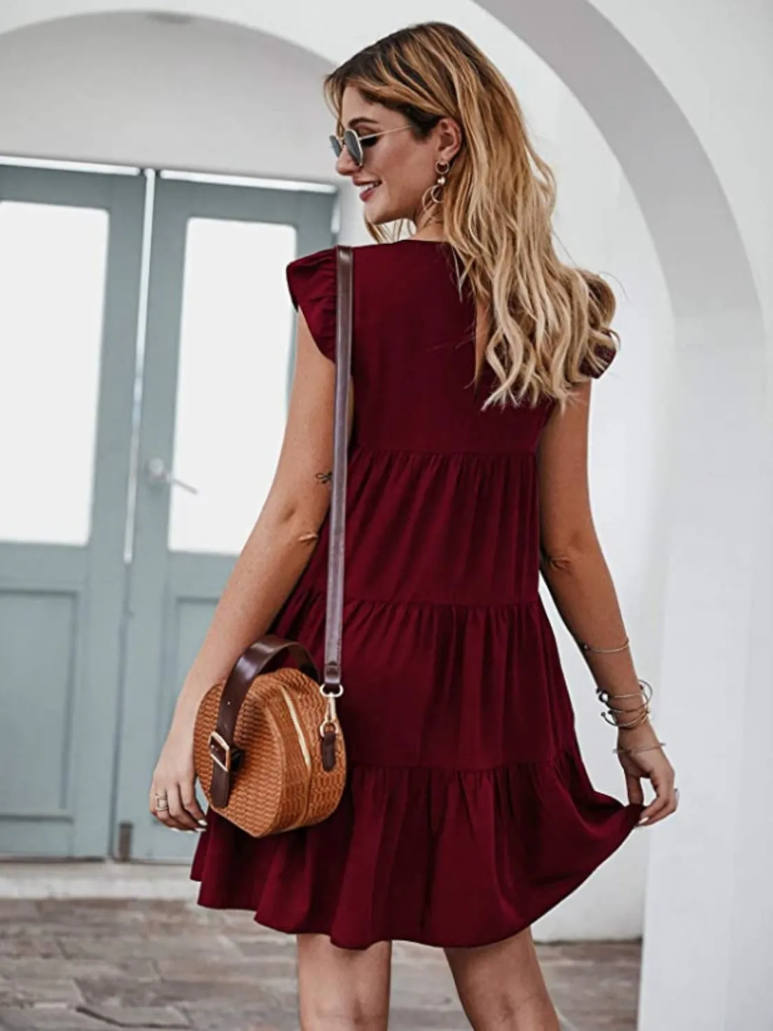 Emilia Ruffled Round Neck Cap Sleeve Mini Dress