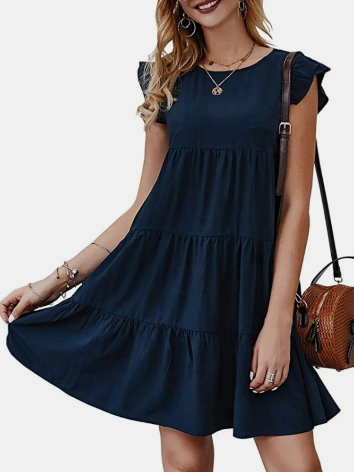 Emilia Ruffled Round Neck Cap Sleeve Mini Dress