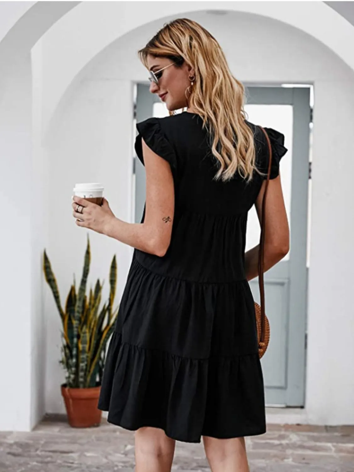 Emilia Ruffled Round Neck Cap Sleeve Mini Dress