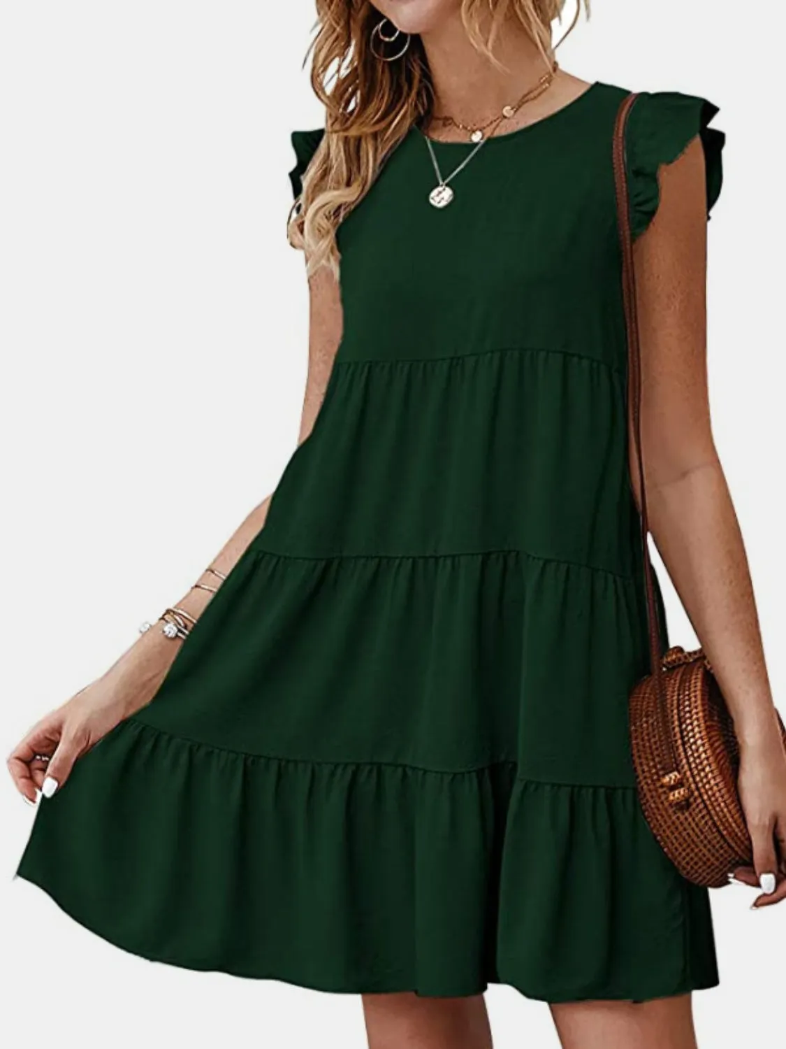 Emilia Ruffled Round Neck Cap Sleeve Mini Dress