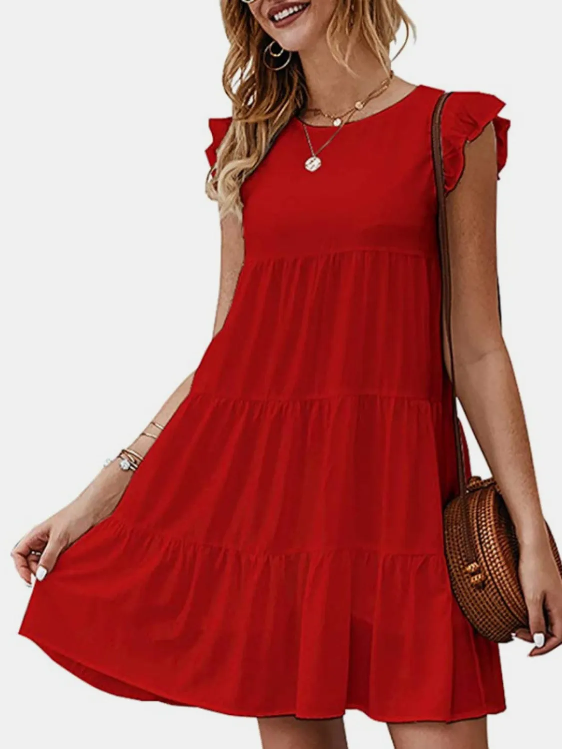 Emilia Ruffled Round Neck Cap Sleeve Mini Dress