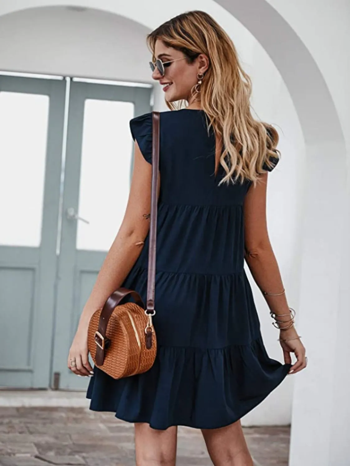 Emilia Ruffled Round Neck Cap Sleeve Mini Dress
