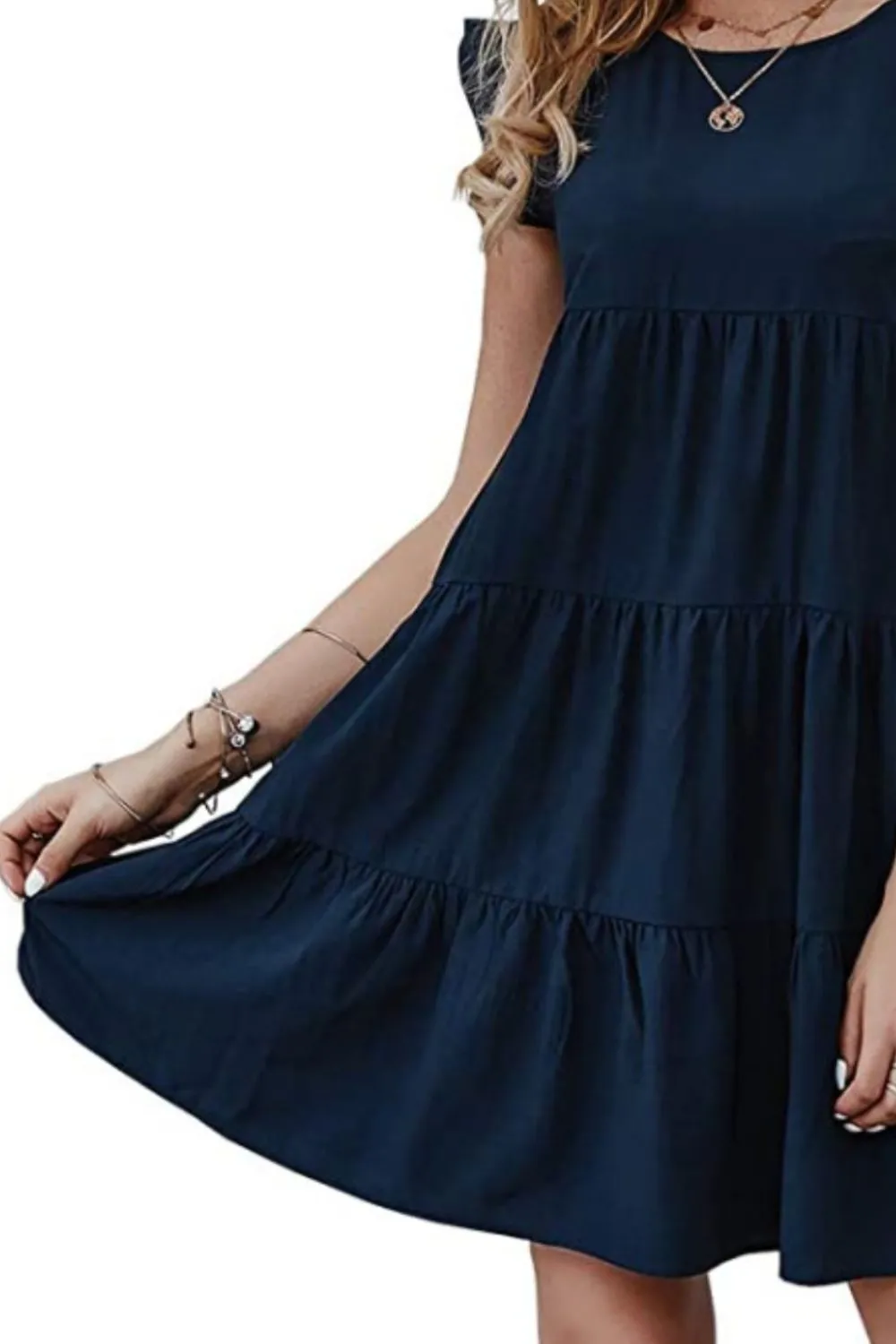 Emilia Ruffled Round Neck Cap Sleeve Mini Dress