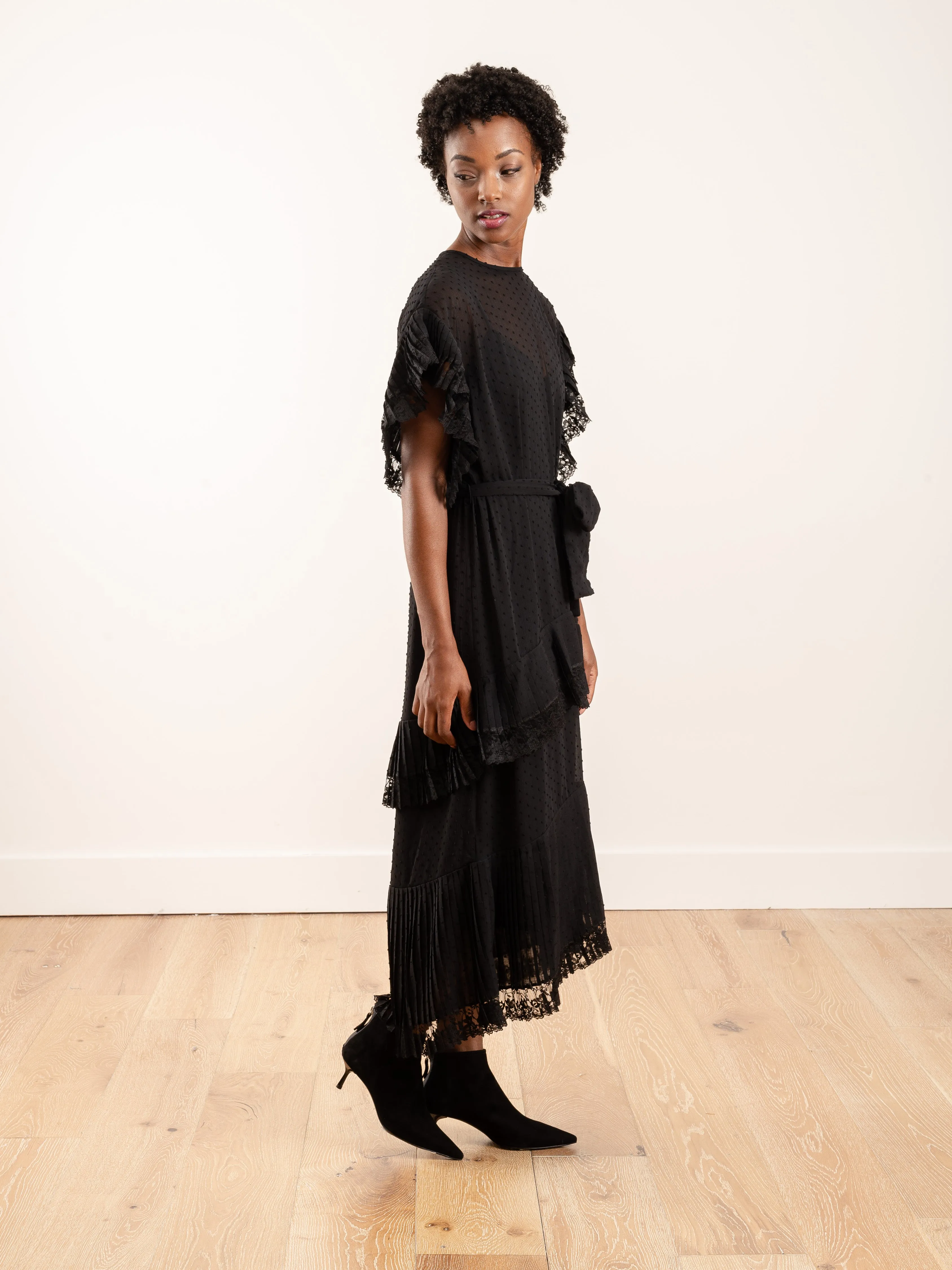 espionage pleat frill midi dress