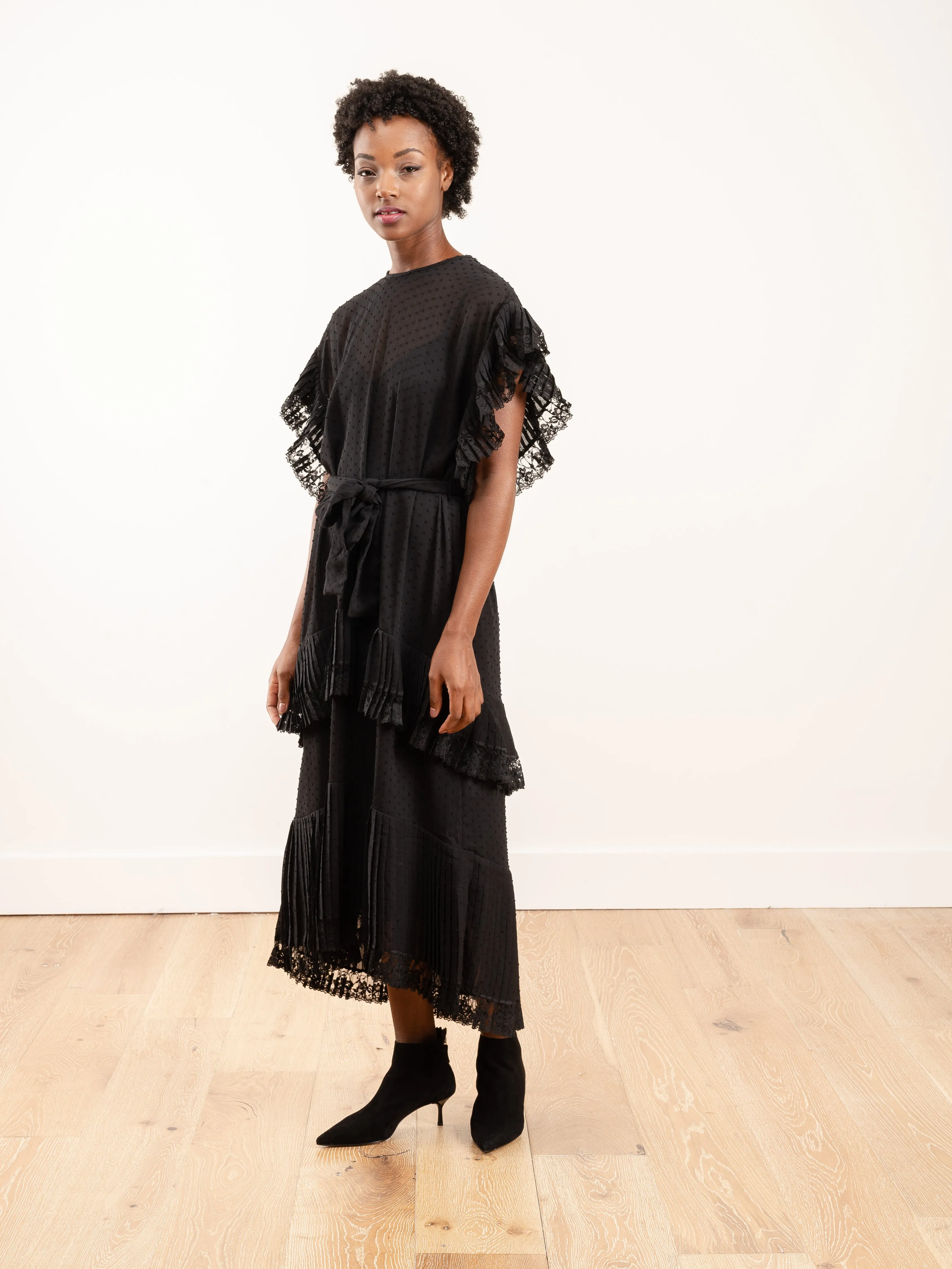 espionage pleat frill midi dress