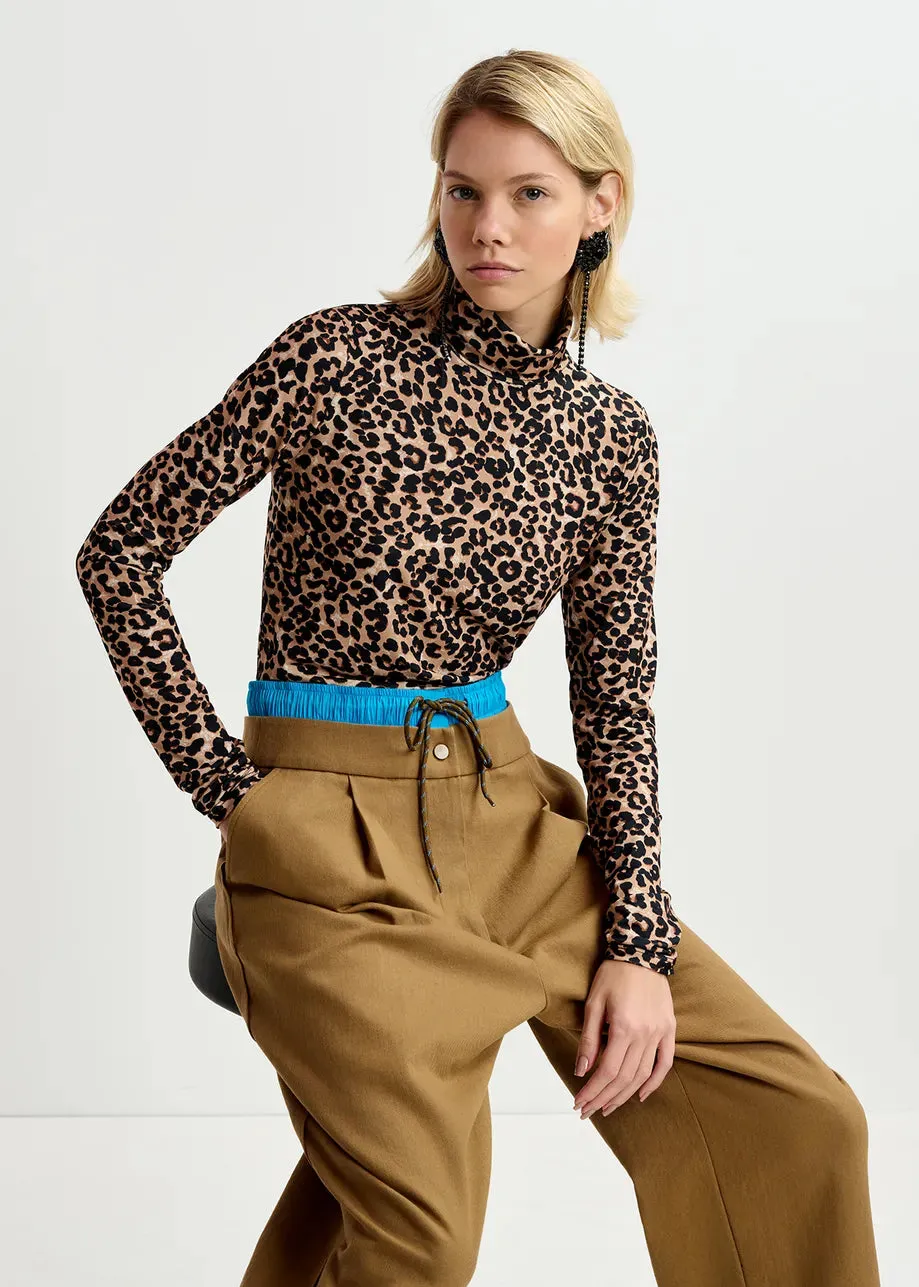 Essentiel Antwerp Brown Leopard-Print Turtleneck Top