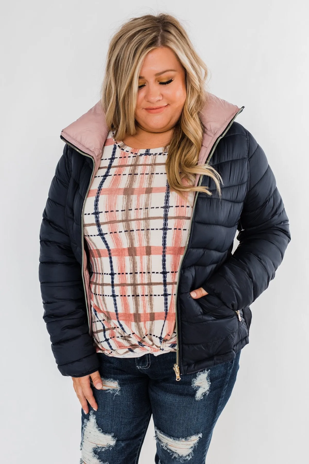 Everything I Want Reversible Puffer Coat- Navy & Blush