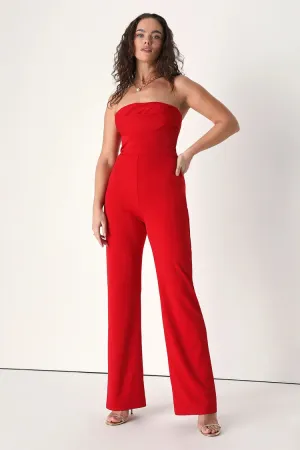 Exquisite Essence Red Strapless Straight Leg Jumpsuit