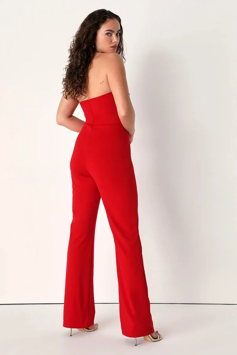 Exquisite Essence Red Strapless Straight Leg Jumpsuit