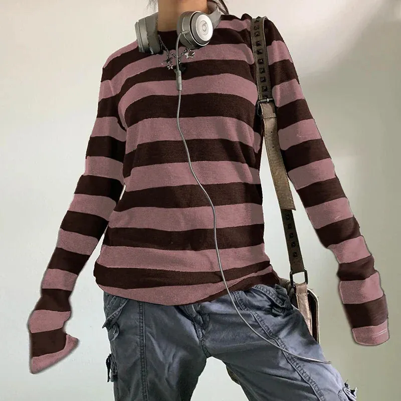 Fairy Grunge Knit Oversized Striped Long Sleeve Crewneck Knit Top
