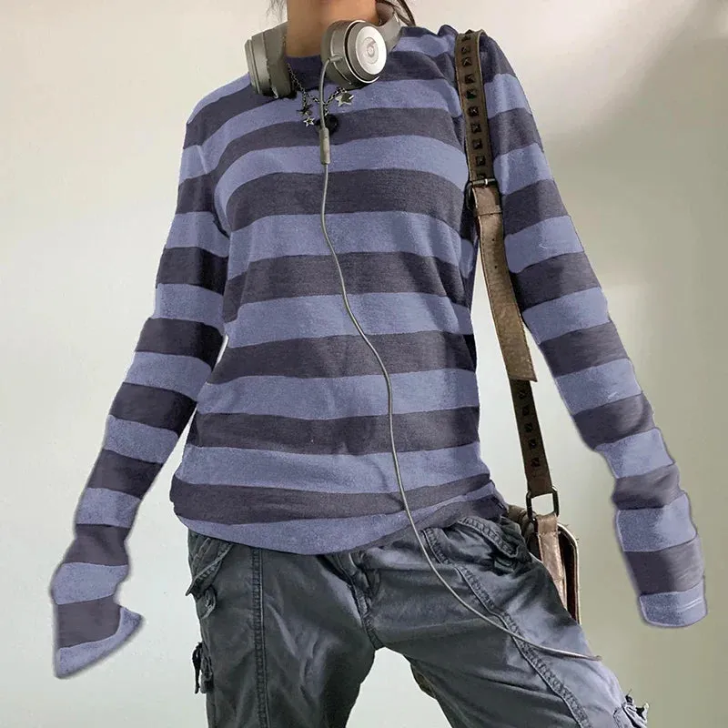 Fairy Grunge Knit Oversized Striped Long Sleeve Crewneck Knit Top