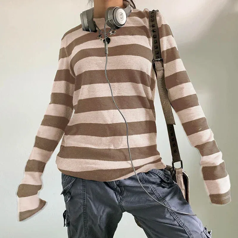 Fairy Grunge Knit Oversized Striped Long Sleeve Crewneck Knit Top