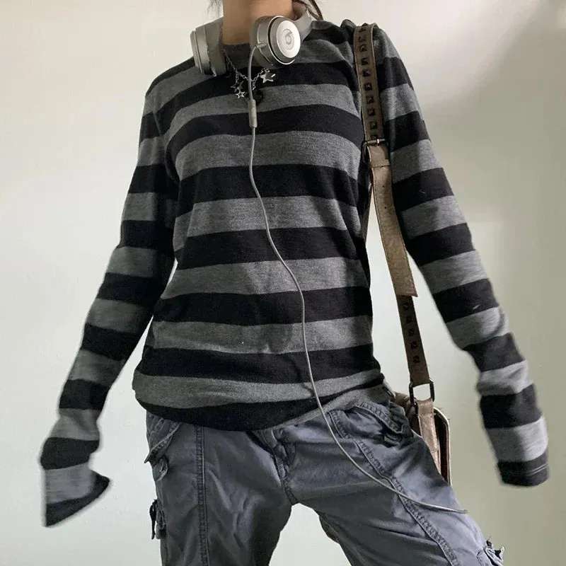 Fairy Grunge Knit Oversized Striped Long Sleeve Crewneck Knit Top