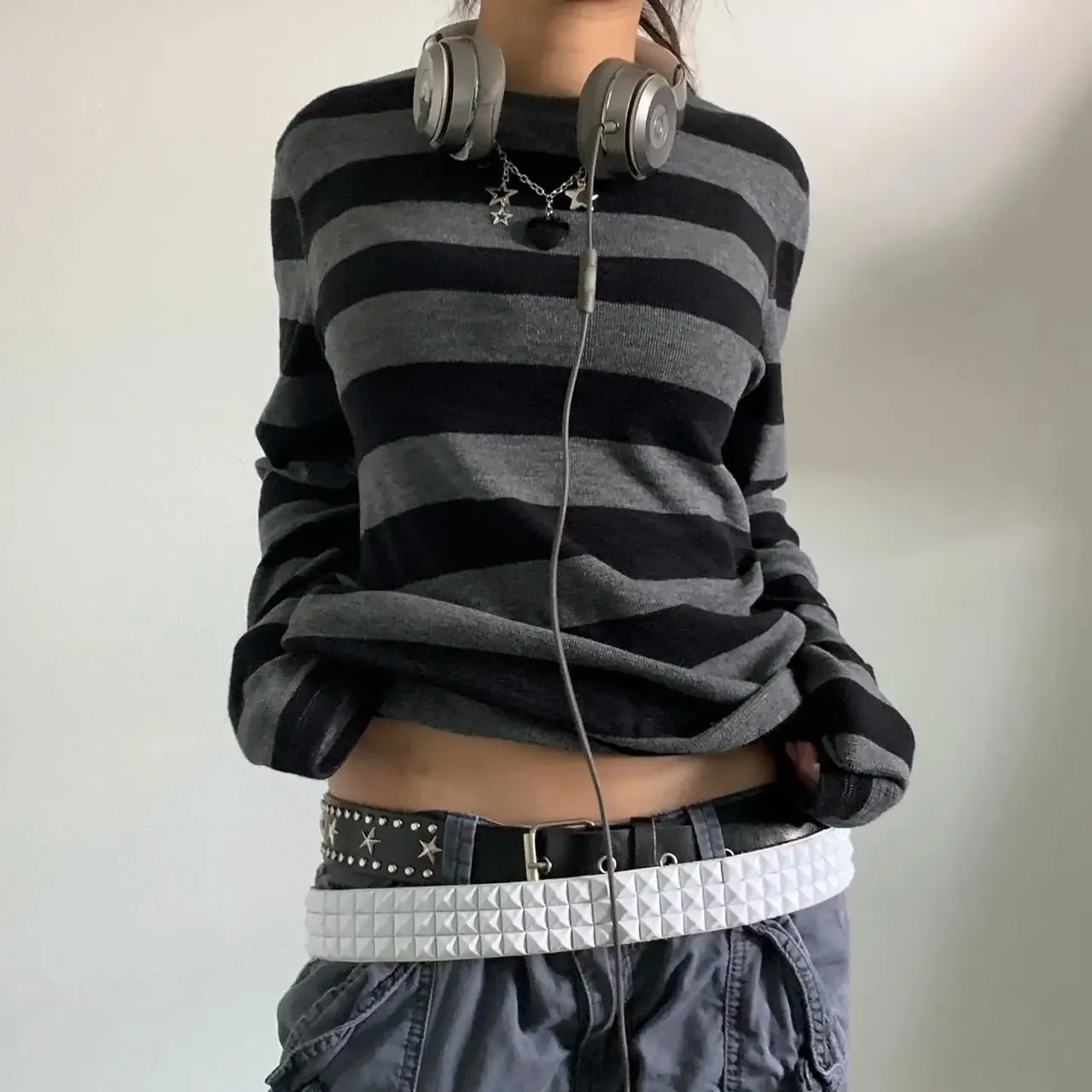 Fairy Grunge Knit Oversized Striped Long Sleeve Crewneck Knit Top