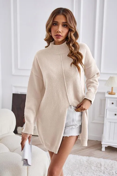 Fall Special Slit Mock Neck Tunic Sweater