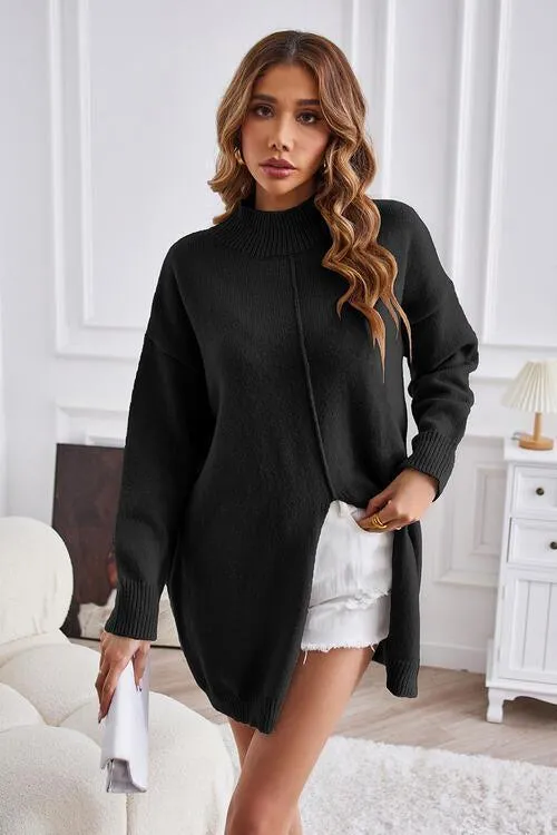 Fall Special Slit Mock Neck Tunic Sweater