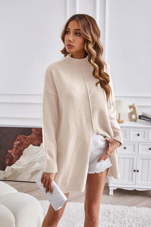 Fall Special Slit Mock Neck Tunic Sweater