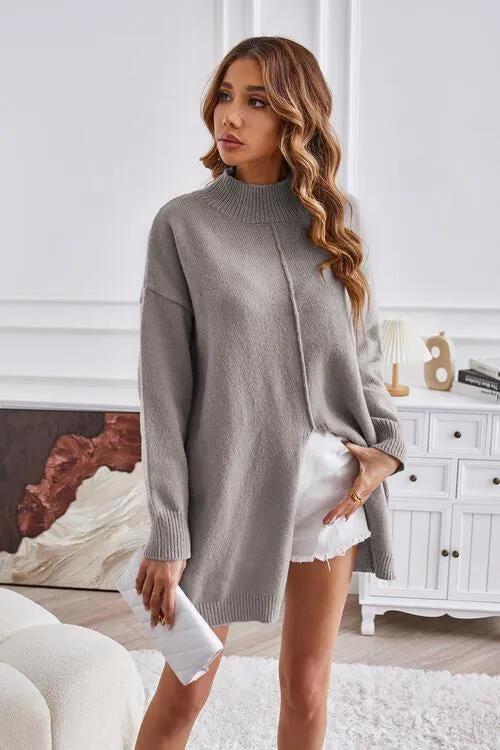Fall Special Slit Mock Neck Tunic Sweater