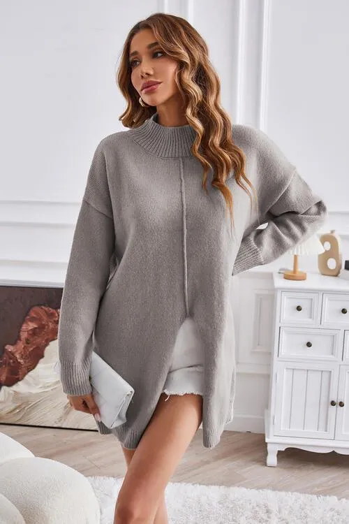 Fall Special Slit Mock Neck Tunic Sweater